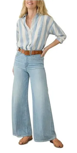 FAHERTY Relaxed Striped Shirt Button Down Blouse Blue Linen Blend Womens Size M thumbnail 1