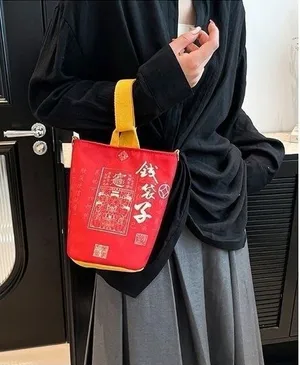 Red Canvas Bucket Crossbody Bag Chinese Noodle Cup Style‎ Small Shoulder Bag new thumbnail 1