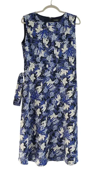 Lauren Ralph Lauren Size 8 Blue Floral Midi Dress Waist Tie Sleeveless Wedding thumbnail 1