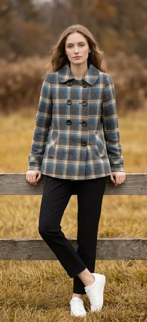 Aeropostale Blue and Yellow Plaid Wool Blend Peacoat Jacket thumbnail 1