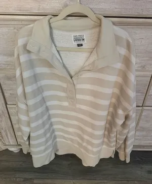 American Eagle Long Sleeve Button Top Striped white and cream thumbnail 1