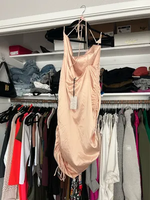 Leau Cabo gold satin adjustable strappy rouched mini dress M NWT thumbnail 10