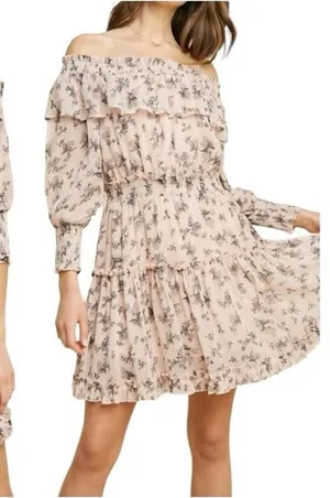 Hayden Los Angeles Floral Ruffle‎ Mini Dress Small Pink Smocked Off Shoulder thumbnail 1