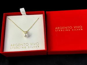 NEW Argento Vivo 925 Sterling Silver Round CZ White Pearl Pendant Necklace Box thumbnail 1