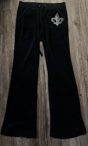 Y2K Pegasus Black Velour Flared Fleur-De-Lis Track Pants S thumbnail 1