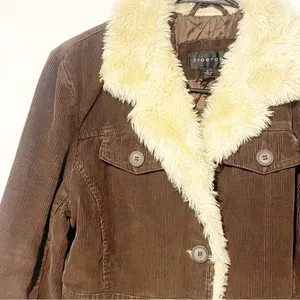 Braetan Chocolate‎ Brown Corduroy Faux Fur Lined Pea Button Front Coat Medium thumbnail 2