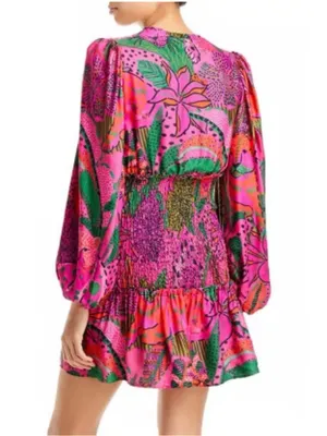Farm Rio Boho Cool Leopards Mini Dress V-Neck Smocked Mini Dress Size Large thumbnail 6
