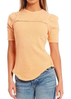 NWT Free People Womens Size Small Orange Knitted Seam T-shirt Peach Crew‎ Neck thumbnail 1