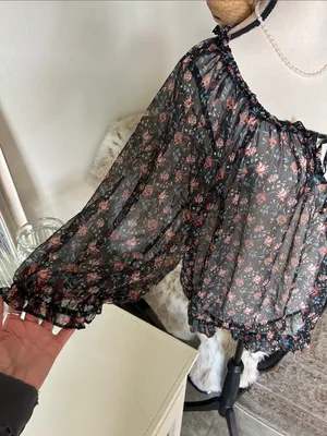 Natural life, black sheer floral BoHo cottage peasant, 3/4 sleeve blouse top XL thumbnail 4