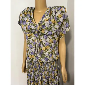 Leslie Fay Vintage Floral Pleated Midi Dress Purple Yellow Hydrangea Size 14 thumbnail 2