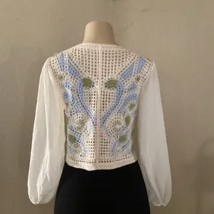 Mexican Crochet Floral Cardigan Women Size S Green Balloon Sleeve Boho NWOT thumbnail 2