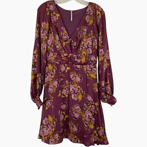 Free People $128 Morning Light Purple Plum Fall Floral V-Neck L/S Mini Dress 8 thumbnail 2