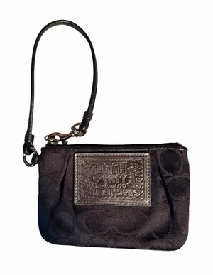 Coach Poppy Black Signature Wristlet with Leather Strap and Silver Logo Patch thumbnail 1