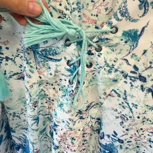 Tahari Cottagecore Floral Paisley Lace Up Tassel Blouse Blue Teal White Boho thumbnail 6