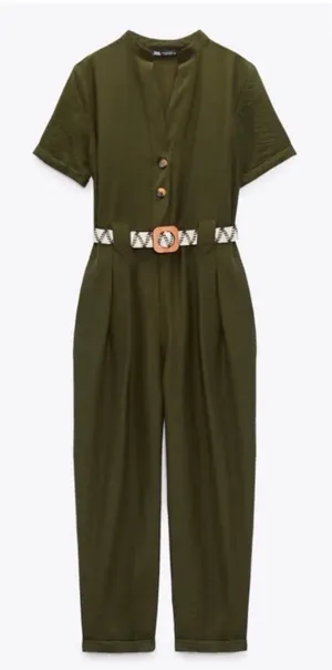 Zara Olive Green Short-Sleeve Utility Jumpsuit with Woven Belt thumbnail 1