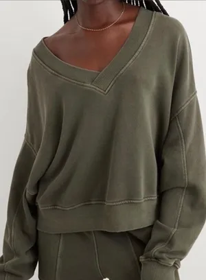 Aerie Women Oversized V-Neck Sweatshirt Olive Green Cotton Blend L thumbnail 1