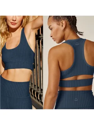 Like New Beyond Yoga Work It Over Long Line Sports Bra Navy Stripe XL Retail $70 thumbnail 2