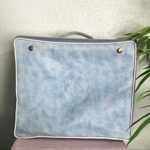 Vintage Blue Travel Box Luggage Hat Box Carry On Case Retro Square Suitcase MCM Lady Love Brass Hardware Approx 14” wide x 11.5” Long x 7” Deep thumbnail 1