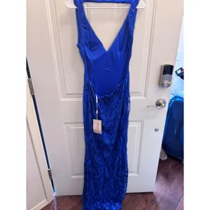 Ryanth Royal Blue Sequin‎ Open Back Maxi Dress V-Neck Slit Size 6 NWT thumbnail 4