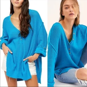 Free People Firefly‎ Tunic Sweater in Blue Size Small thumbnail 2