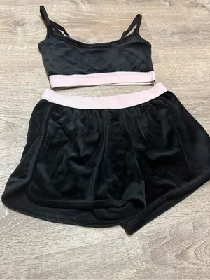 Forever 21 Velour Lounge Set Black Pink Crop Cami & Shorts Pajama Small thumbnail 3