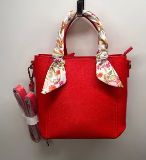 Red Pebbled Leather Tote Bag with Floral Scarf‎ Top Handle Detachable Strap thumbnail 1