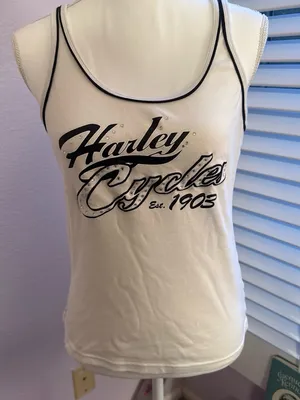 Harley-Davidson White Tank Top with Black Script and Rhinestones Y2K thumbnail 1