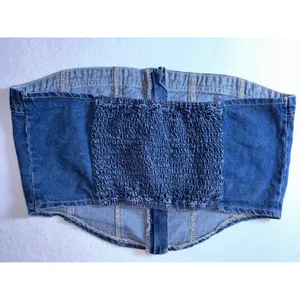 Lone Star Womens Denim Tube Top Medium Wash Zip Front Smocked Back Corset Large thumbnail 5