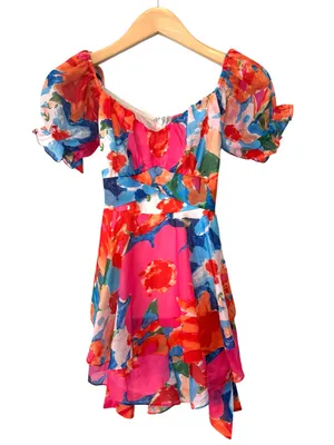 Luxxel Vibrant Abstract Floral Puff Sleeve Ruffle Romper Size Large thumbnail 1