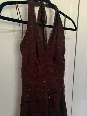 Vintage Y2K Necessary Objects Brown Sequin Halter Tulle Mini Dress Size Small thumbnail 3