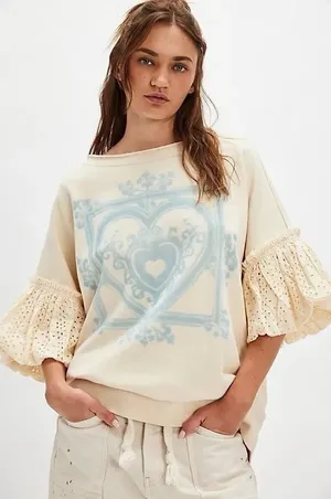 NWT!!‎ FREE PEOPLE Doily Sweatshirt Heart Ivory Blue Eyelet Lace Bohemian Small thumbnail 1