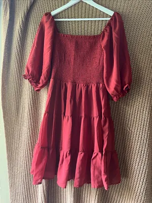 Smocked Midi Dress in Deep Red with Puff Sleeves thumbnail 1