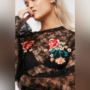 Free People Black Lace Floral Blouse size M thumbnail 2