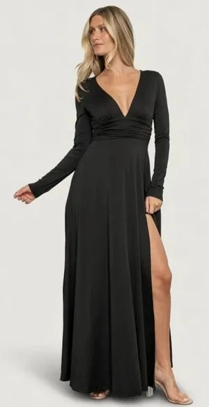 Baltic Born Ariana Black Maxi Dress Long Sleeve Slouch Smocked Waist NWT Size L thumbnail 1