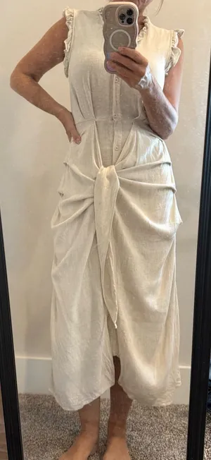 MABLE Beige Linen Draped Corpcore Button-Down Midi Dress S Wrap Anthro thumbnail 1