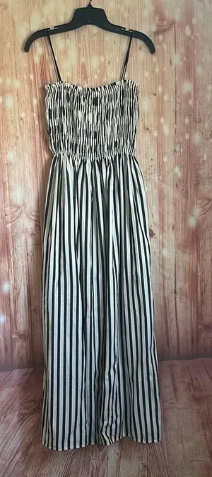 Commense Black Sleeveless White Pinstripe Long Dress thumbnail 1