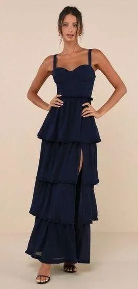 Lulus Sophisticated Occasion Bustier Lace-Up Maxi Dress NWOT size Medium Navy thumbnail 1