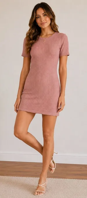Reformation Ribbed Short-Sleeve Mini Dress in Dusty Rose Body Con Mini comfort Stretchy Size thumbnail 1