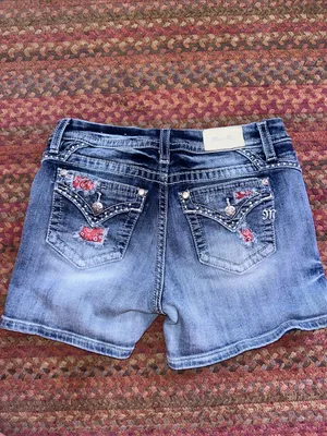 Miss Me Faded Blue Distressed CURVY Denim Shorts BANDANA POCKET thumbnail 7