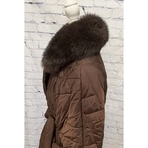Monica Milano Brown Quilted knee-length, belted puffer coat with a fur collar 4 thumbnail 4