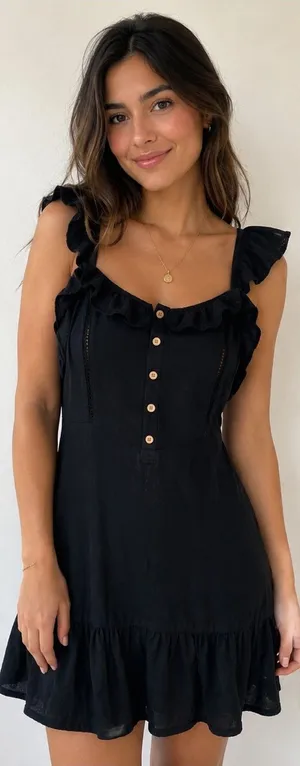 Black Ruffle Mini Dress with Button thumbnail 1