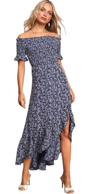 Lulus Blue White Floral Lightweight Flowy Womens Off Shoulder Maxi Dress Size Sm thumbnail 1