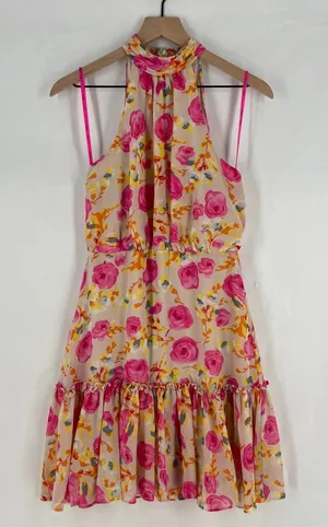 Betsey Johnson Dress Womens 4 Multicolor Floral Halter Neck Back Zip Peplum‎ Hem thumbnail 1