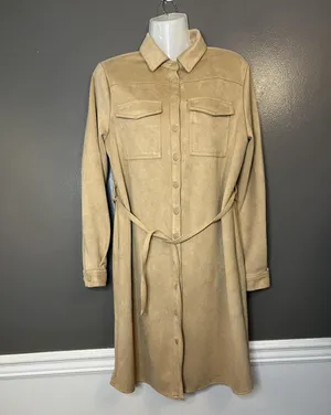 Truth by Republic Dress Womens Medium Tan Faux Leather Snap Front Belted Shacket thumbnail 2