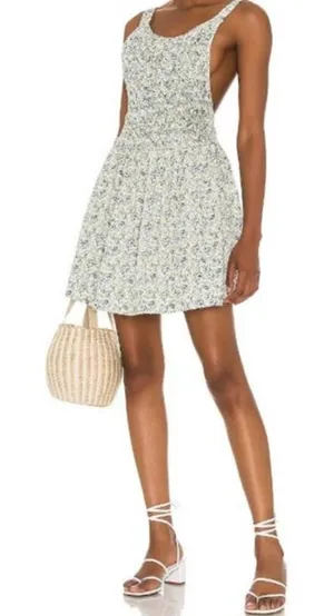 Free People Petunia Apron-Style‎ Floral Mini Dress Blue Cream XS thumbnail 1