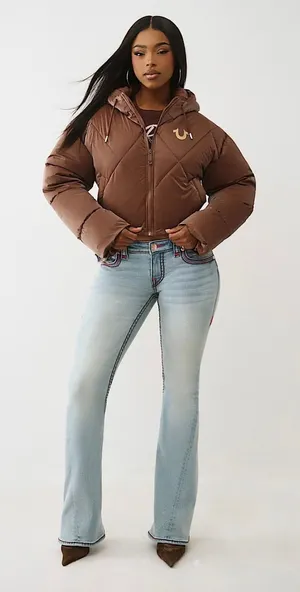 NWT!! TRUE RELIGION High-Shine Metallic Hooded Puffer Jacket Bronze Large thumbnail 1