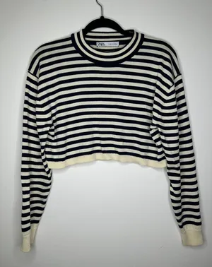 ZARA Striped Crop Blue White Knit Size Medium thumbnail 3