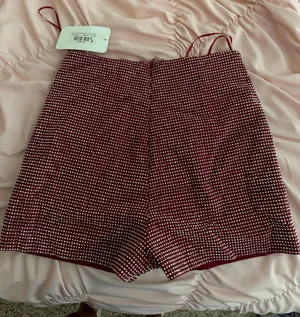Burgundy Boutique Rhinestone Zip Shorts thumbnail 1