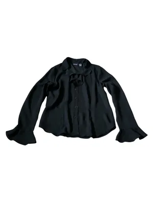 Vintage Chiffon Ruffle Button Up Blouse Bell Sleeves Semi Sheer Dark Victorian thumbnail 2
