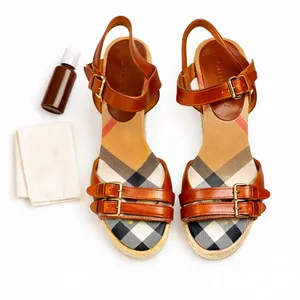 Burberry Tan Leather Check Canvas Espadrille Wedge Sandals EU 35 Italy GUC FLAW thumbnail 15